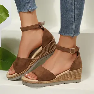 Women's Woven Sole Wedge Sandals Open Toe Ankle Buckle Casual Summer Footwear