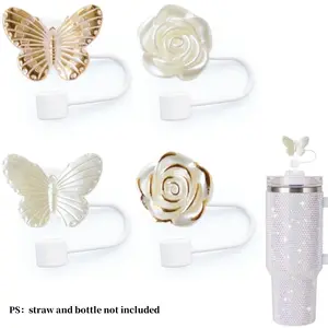 New Straw Toppers Set,gold&white butterfly rose style Straw Covers Compatible with Cups 30&40 Oz Dust-proof Drink Protectors for 0.39" Diameter Straws Retro Themed straw Toppers,outdoor camping party Activities 4pcs
