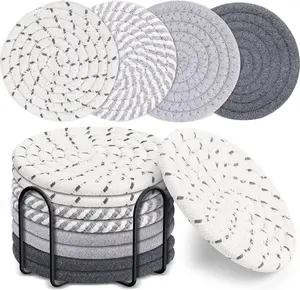 8 Pcs Round Absorbent Drink Coasters with Holder, 4-Color Kitchen Tableware Coasters