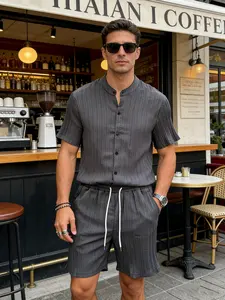 Men's Casual Striped Stand Collar Short Sleeve Shirt and Shorts Set, New 2026 Fashion Button Down Two-Piece Outfit Menswear Menswear Top Top