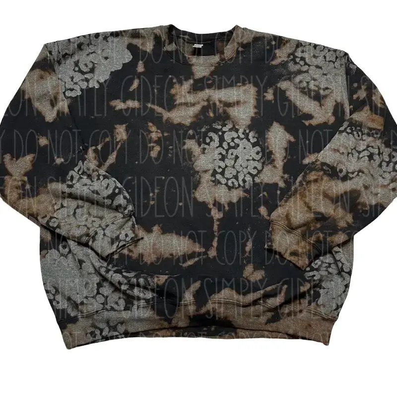 Women's Acid Wash Leopard Print Crewneck Sweatshirt - Baggy Oversize Loose Unisex Pullover Tops for Casual Wear, Acid Wash Cotton, Crew Neck, Leopard Pattern, Lazy Outfit, Fabric, Everyday, Round Neck, Fashion Apparel, Clothes