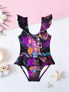 Hot Selling Girl Idol Print Swimsuit, Neon Cyberpunk One-Piece Swimwear, Cute Lace Bikini, Casual Slim-Fitting Natural Waist