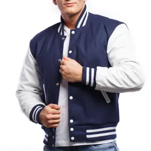 Royal Blue & White Leather Sleeves Varsity Jacket