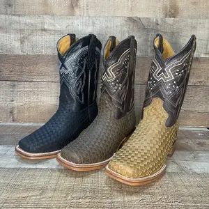 Men Rodeo Western Cowboy Genuine Cowhide Leather Hand Woven Square Toe Boots Bota Tejido/ Petatillo Est.692