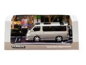 TARMAC WORKS 1:64 Scale Toyota Hiace Wagon Custom - Limited Production, Silver & Brown, Die Cast Metal & Plastic Parts, Display Base & Acrylic Cover