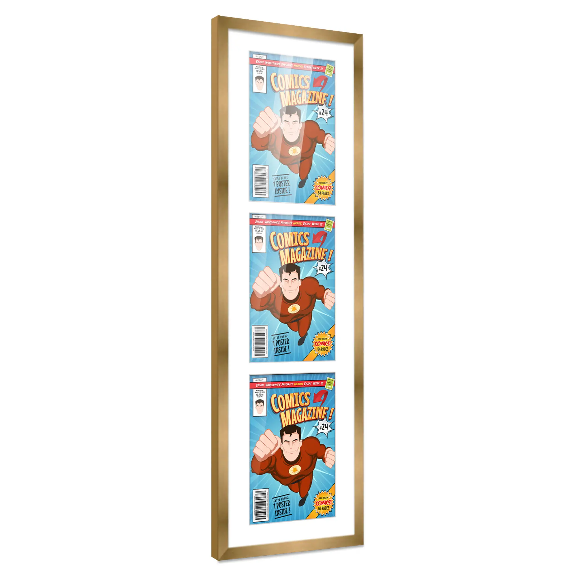Comic Book Frame with Mat for 3 Silver Age Comics Published Between 1956 and 1970 - Bronze Wood Comic Frame With White Mat for 7.125x10.5 Comics - 11.25x36 Frame Size
