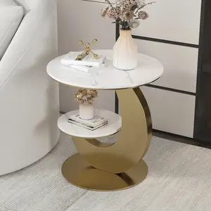 Homary 20" Round Sintered Stone 2-Tier Gold Moon-Shaped Side Table