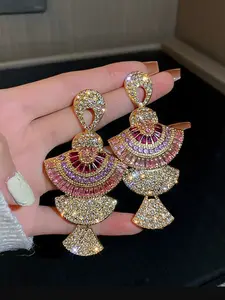 Vintage Fan-Shaped Rhinestone Earrings for Women, Perfect for Weddings and Parties, Daily Wear Jewelry Accessory