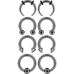 YADOCA Surgical Steel Septum Kit - 2G to 14G Septum Rings, Pincher, Tapers and Gauge, Nose Piercing Jewelry - Silver and Black Tone