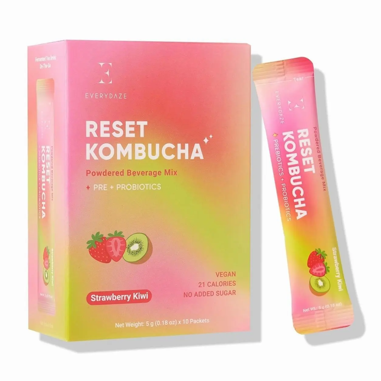 Everydaze Reset Kombucha Tea Powdered Beverage Mix | 10 Sticks | Prebiotics + Probiotics | Vegan | No Added Sugar, Gluten Free, Sparkling Powder Drink Pack (Strawberry Kiwi)