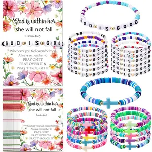 24 Sets  Bracelets Bulk with Christian  Cards Vbs Gifts  Beads Colorful Wristbands Stackable Elastic Beaded Bracelets Inspirational Religious  for Vbs Week Sunday School