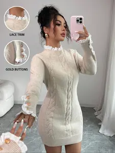 Elegant High Neck Lace Trim Sweater Dress, Long Sleeve Knit Midi Dress for Fall & Winter, Women's Fashion Casual Wear