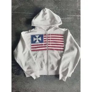 Hot-Selling #EdgyCross American Flag Zip-Up Hoodie – Oversized Streetwear Fit, Premium Cotton Blend, #FallFashion Essential, Studded Cross & Flag Graphic, Must-Have for Trendsetters & Urban Style Enthusiasts