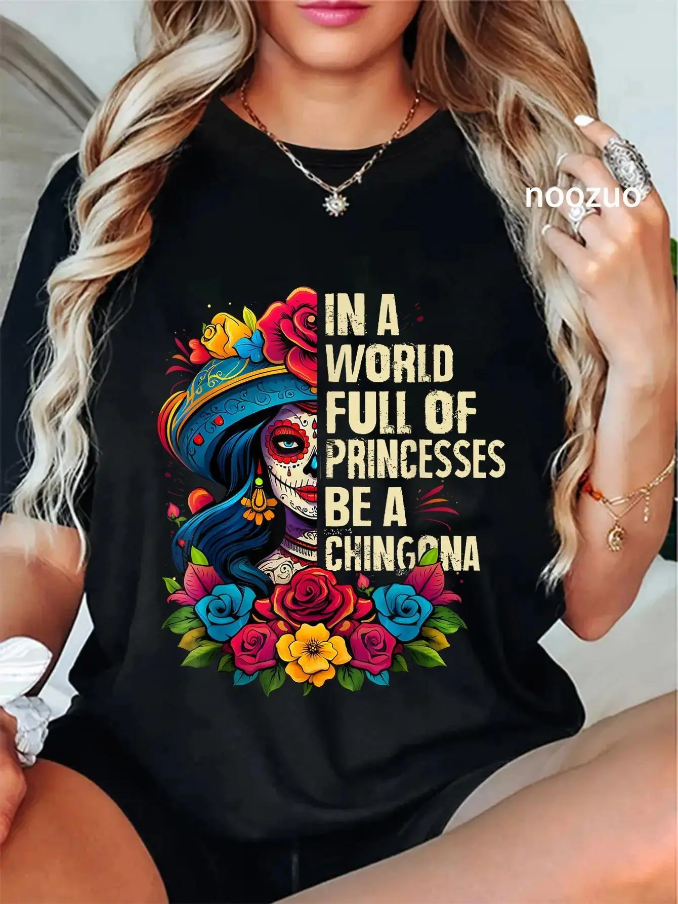 Lady's 100% Cotton Comfortable Fabric Casual Fitted Women's T-Shirt - Unisex De Los Muertos La Catrina Day Of The Dead Themed Top, Printed