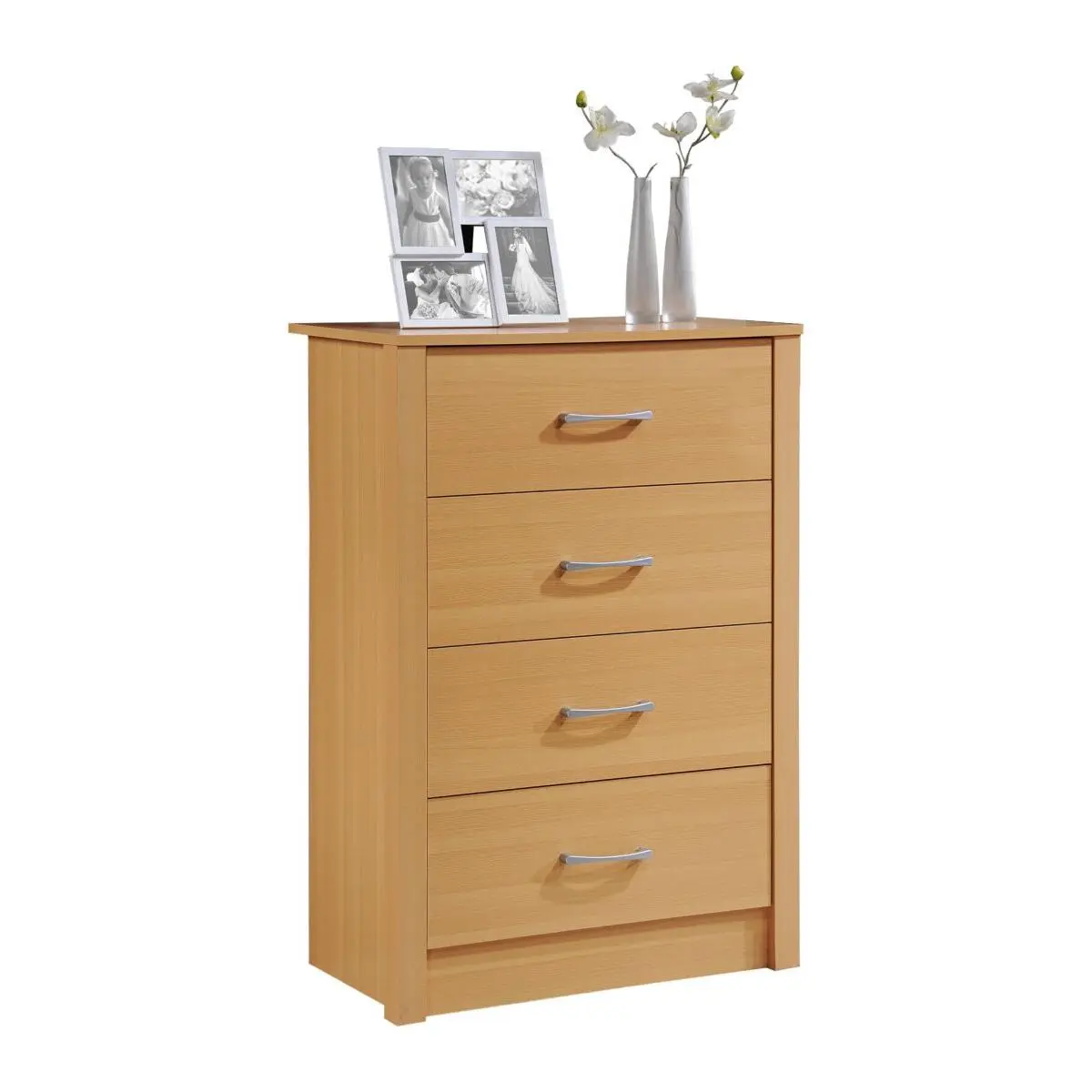 Hodedah HI413DR Sturdy Wood 4-Drawer Compartment Cabinet Chest - Beech, 90.39 lbs, Metal Glides, Storage for Contemporary Home Decor
