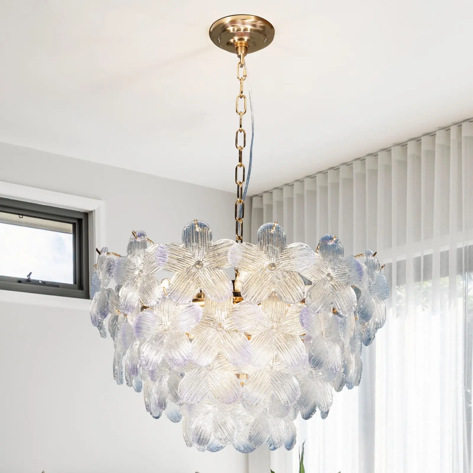 23.6 Inch Mid-Century Modern Copper 9-Light Glass Chandelier, 4-Tier Blue Flower Glass Shade, Height Adjustable for Bedroom Kitchen Island Living Room