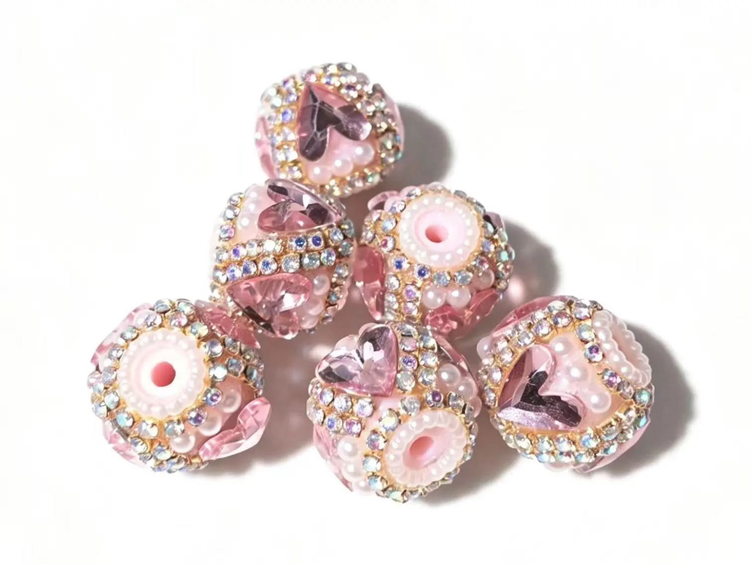 （NO.154) 6pcs Blush Pink Heart Rhinestone Pearl Ball Beads - 18mm Gold Frame Fashion Accessory for Keychains, Costume Jewelry Making