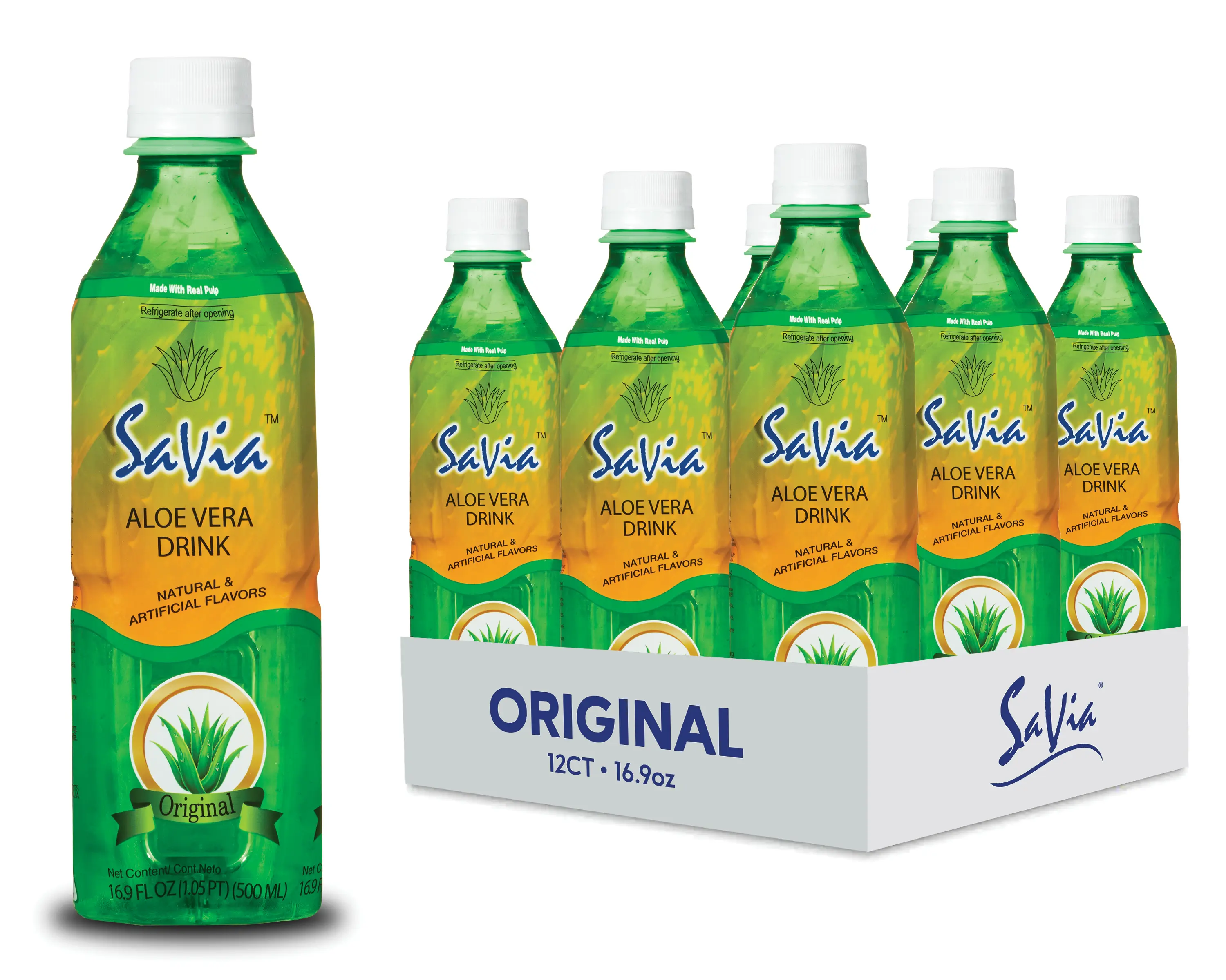 Savia Aloe Vera Drink 16.9oz 12-Pack - Quality Aloe-Based Beverage, Made with Real Aloe Pulp, Vegetarian, Gluten-Free, Fat-Free - Vitamin