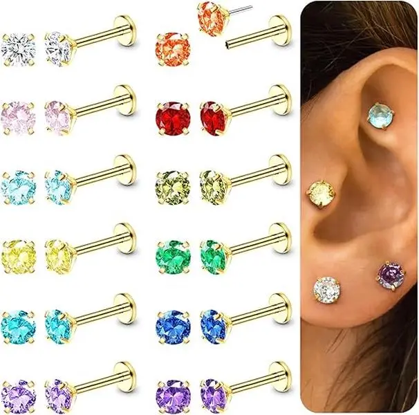 ORAZIO 20G Hypoallergenic Surgical Steel Threadless Flat Back Studs Earrings with Cubic Zirconia, Push-In Jewelry for Women, Ideal for Cartilage Helix Tragus Conch Labret Nostril Piercings
