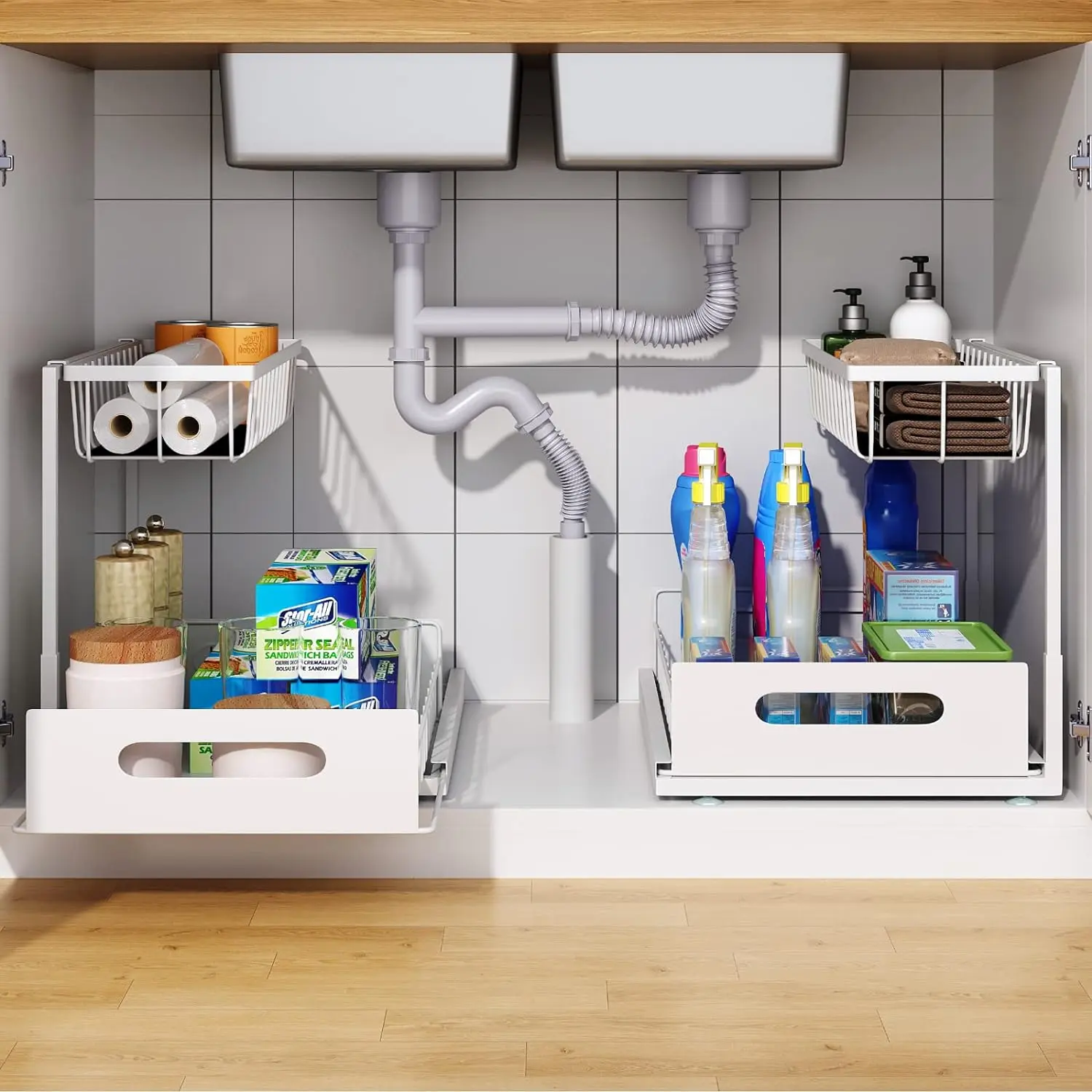 Under Sink Organizer Adjustable Height 2 Tier Bathroom Organizer Pull Out Cabinet Organer kitchen organizers and storage fridge organizers and storage,White,XL-1 Pack