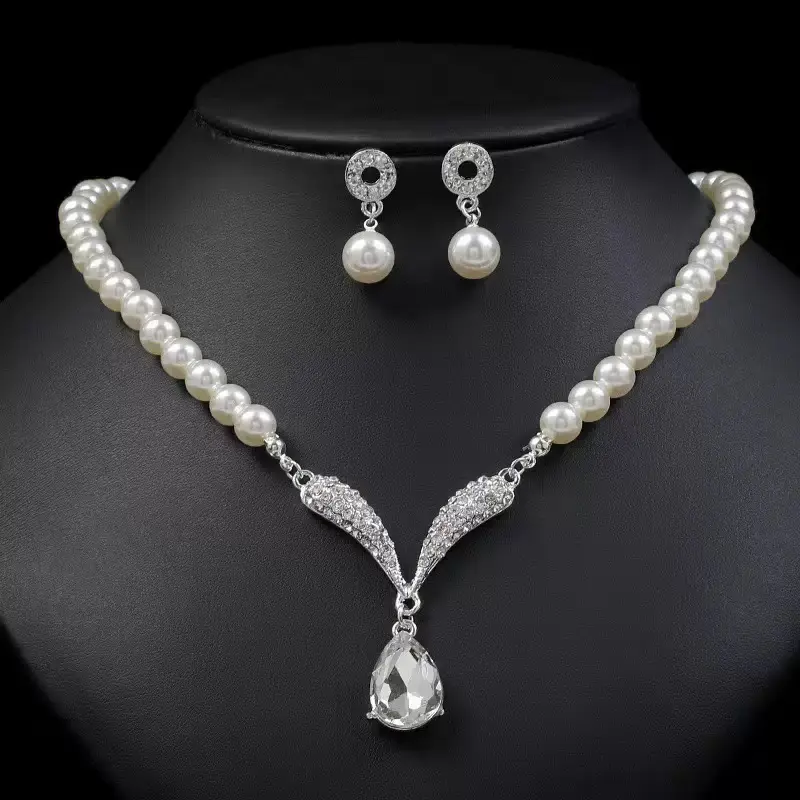 Teardrop Crystal Faux Pearl Silver Alloy Necklace & Earring Set