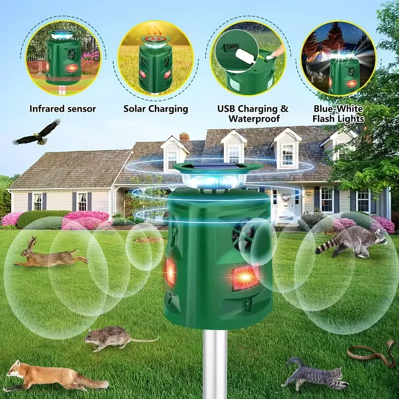 360° Solar-Powered Ultrasonic Animal Repeller – Waterproof Outdoor Repeller for Cats and Other Animals (with Motion Sensor and Flame Light Effect); Suitable for Deterring Squirrels, Skunks, Rabbits, Dogs, Raccoons, etc. – Garden Animal Repeller
