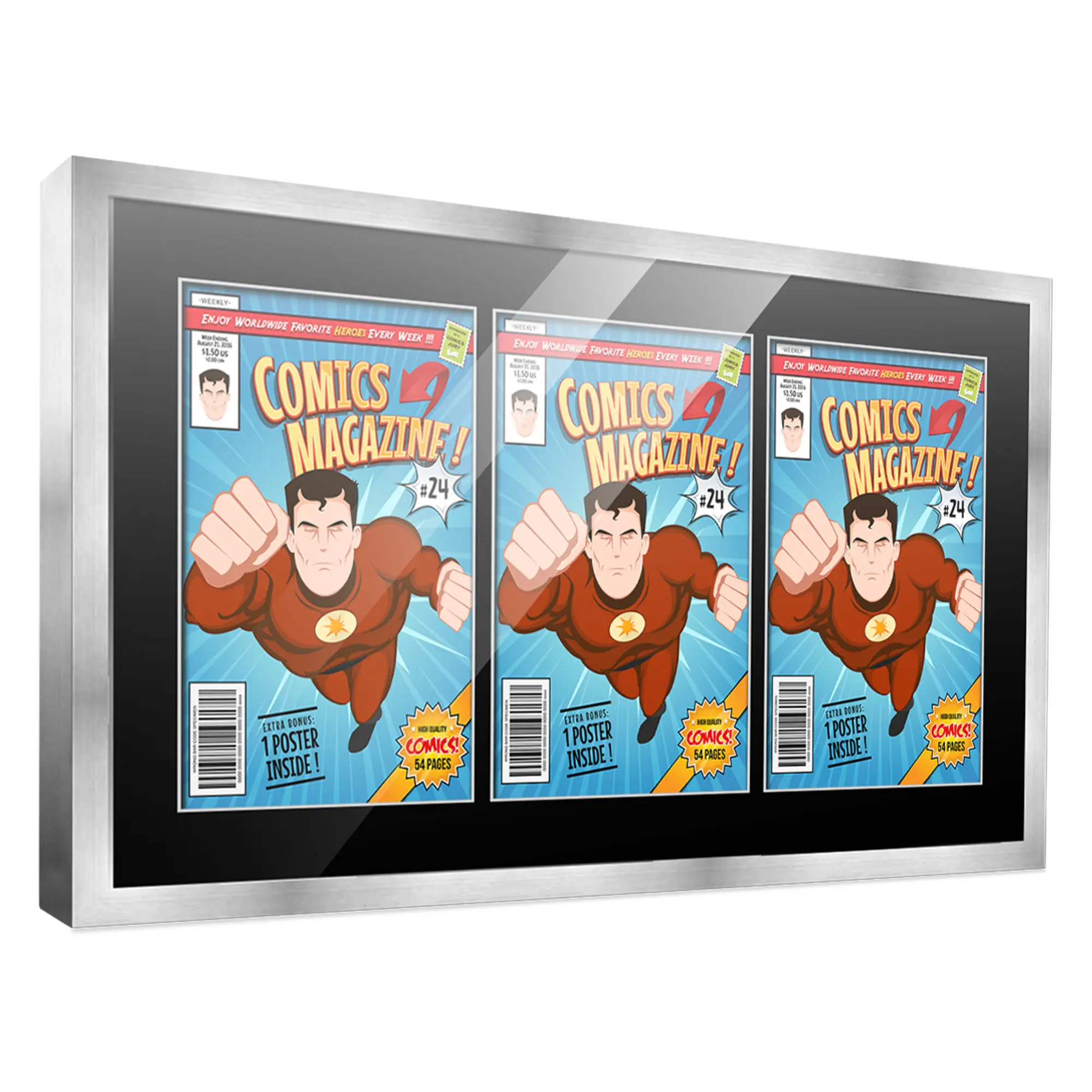 Comic Book Frame with Mat for 3 Silver Age Comics Published Between 1956 and 1970 - Silver Wood Comic Frame With Black Mat for 7.125x10.5 Comics - 28.75x14 Frame Size