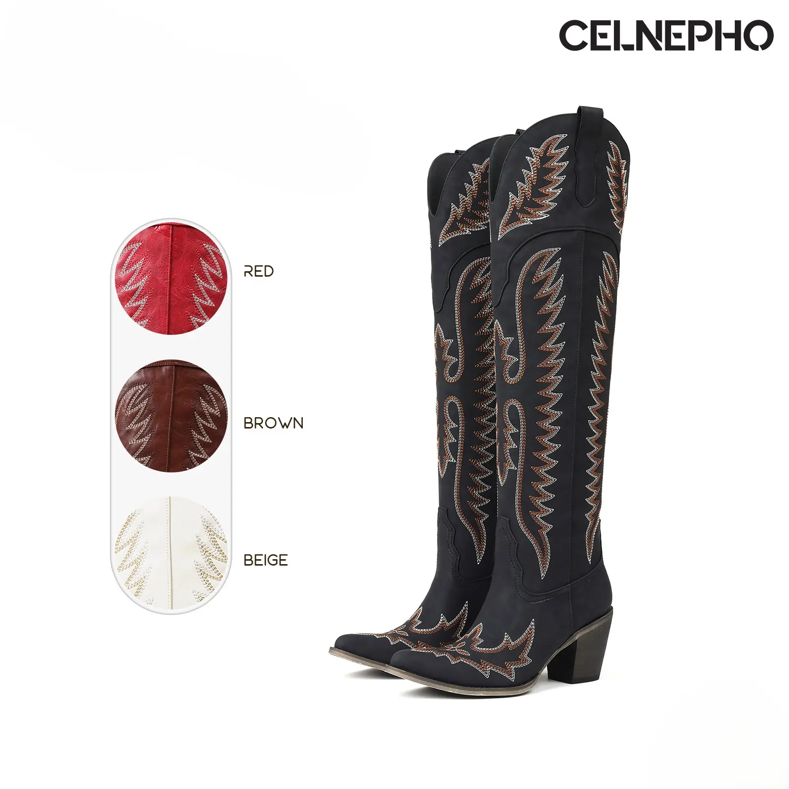 CELNEPHO Womens Cowboy Boots Pointed Toe Chunky Block Heel Over the Knee Boot Western Embroidered Tall Booties Side Zipper Closure Comfy Easy Pull on Party Work Casual Riding Cosplay Country Wedding Festival Summer Classic Long Trendy Cowgirl Dress Shoes