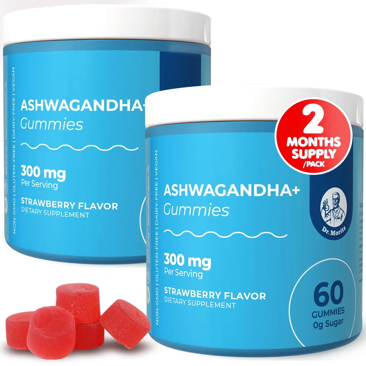DR. MORITZ Ashwagandha Gummies for Calm Relaxation and Immune Support Strawberry Flavor 300mg Per Serving 120 Count Sugar Free Non-GMO 2 Months Supply - Adults