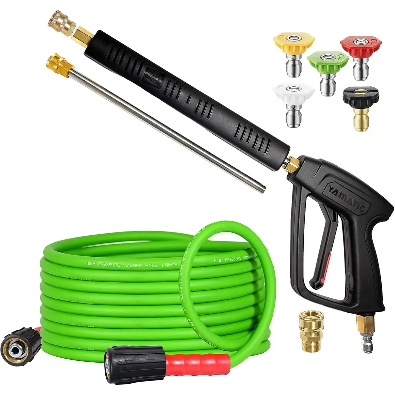 Green Pressure Washer Gun & Hose Kit – 25 FT Flexible Hose, Stainless Steel Extension Pressure Washer Wand, 3/8" Swivel Quick Connect, M22-14mm Adapter, 1/4 in Fit for Ryobi Simpson Honda, Ideal for Pool, Garden Tractor, Cleaning Cars, Kink Resistant, Man