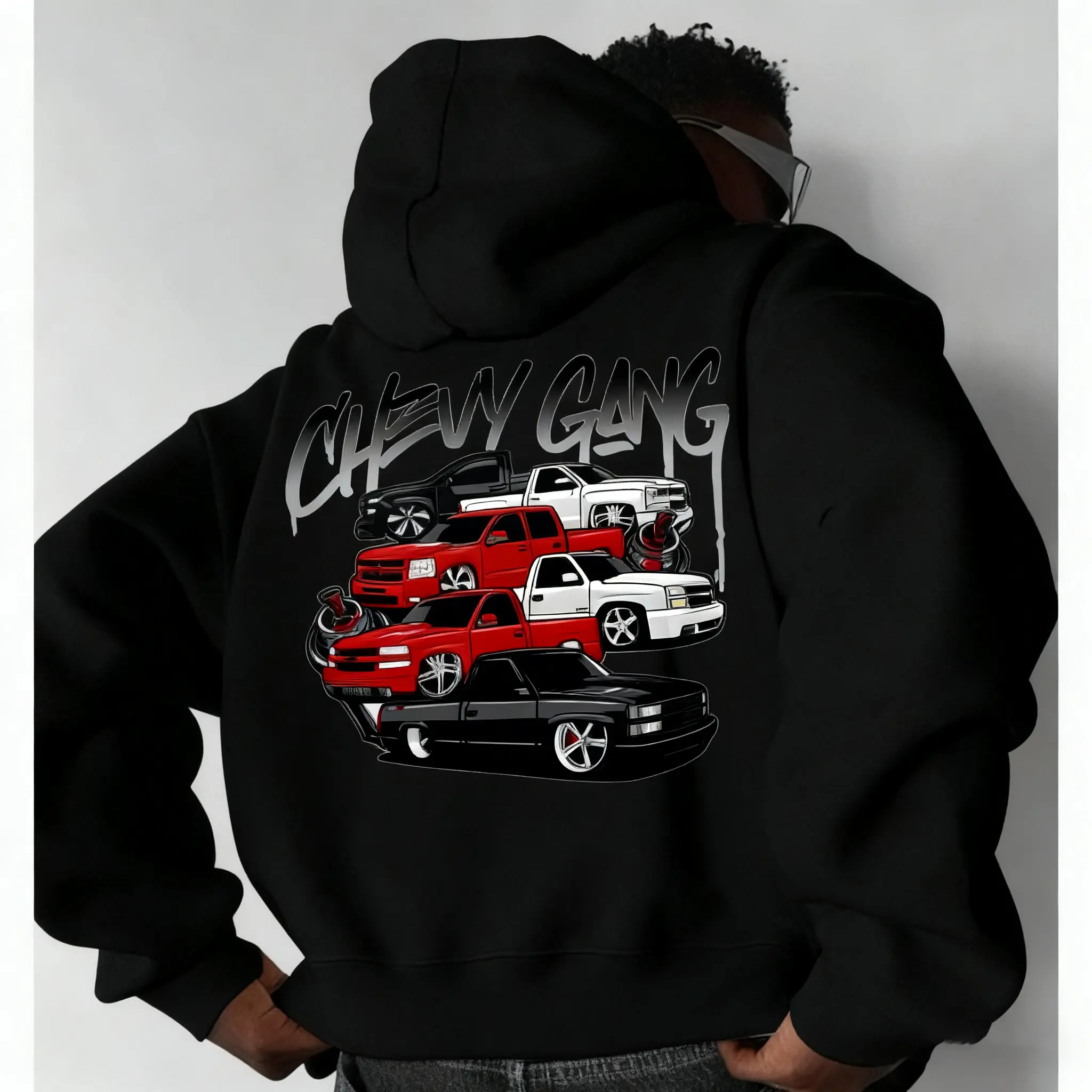 "Chevy Gang Graphic Hoodie – Chevy Silverado Men's Cotton Hooded Sweatshirt, Old School Chevy Hoodie, Gift for Him, Truck Hoodie, Classic Chevy Truck Casual Menswear, Breathable Jacket, Streetwear Fall & Winter Fashion, Cozy Hoodie for Men"