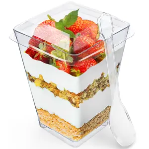 5oz Crystal Plastic Dessert Cups with Lids & Spoons - Disposable Square Parfait Cups for Mousse, Tiramisu, Pudding, Party & Catering
