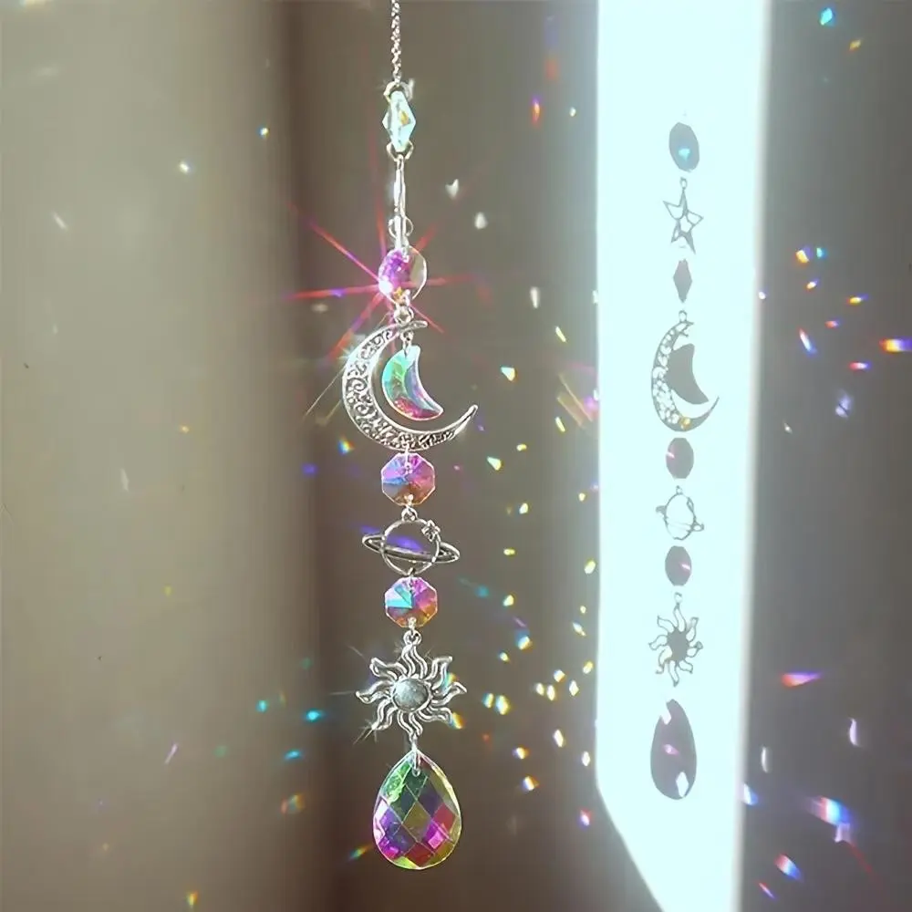 Crystal Moon and Sun Wind Chime with Diamond Prism, Home and Garden Decoration Rainbow Catcher Pendant, Water Drop Charm, Hanging Wind Chime, Windchimes