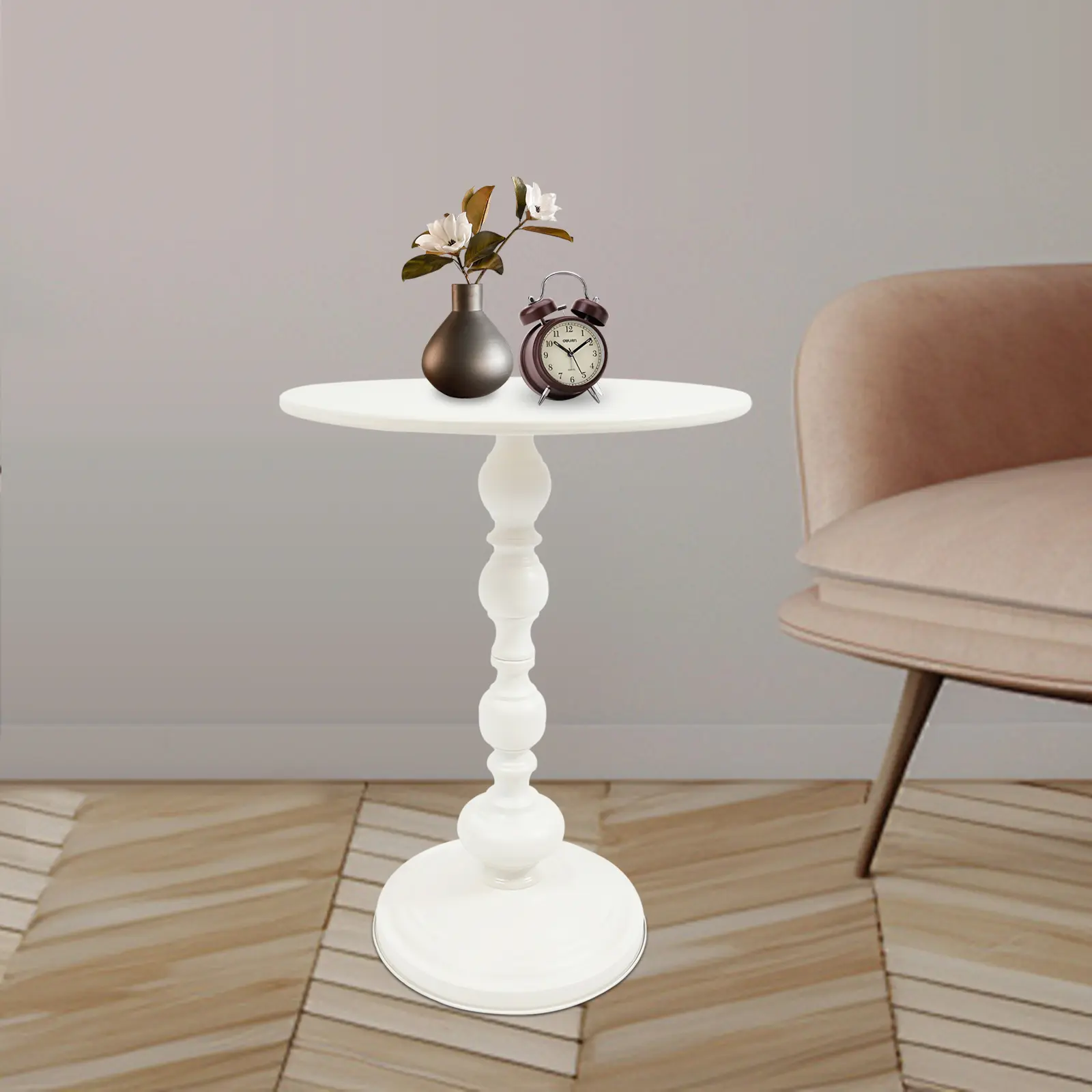 Retro Round Indoor-Outdoor Side Table, 16x20 in Carbon Steel, 18 lbs Load Capacity, High-Temp White/Black Paint, Small Space Pedestal End Table for Home Garden Bar Use, Indoor-Outdoor Side Tables