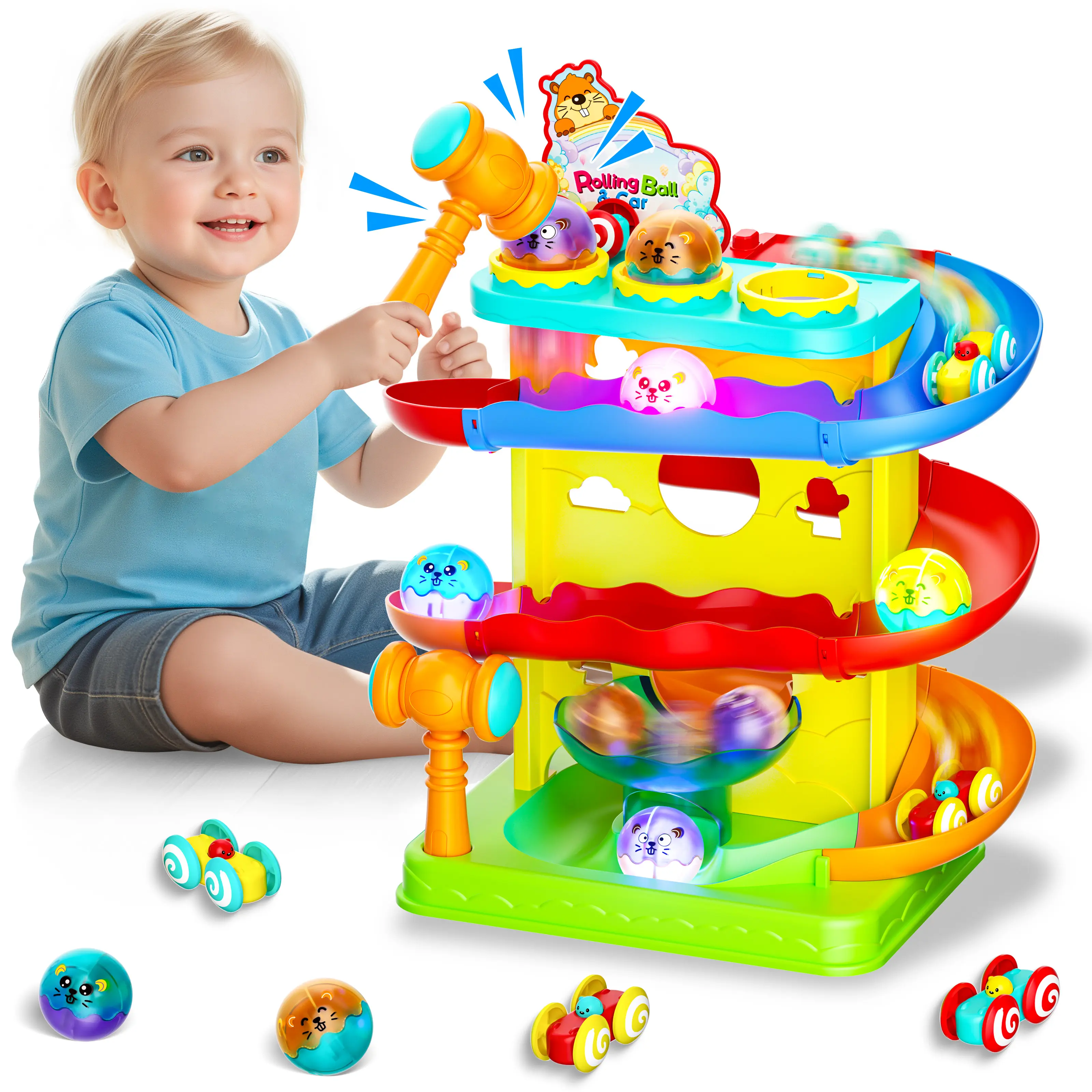 [Children's Day Gift] Toddlers' 2-in-1 Rolling Ball & Racing Car Ramp Toy Set, Race Track with Hammer, Lights & Ball Drop, Montessori Interactive Learning Game, Birthday Gift for Kids Ages 2–5+, Girls & Boys, Ramp Set, Hammer Light