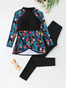 Girls' Plant Print Long Sleeve Skirt Set, Zipper Separated Pants, Sporty Beachwear, All Seasons, Slim-Fitting Swimwear