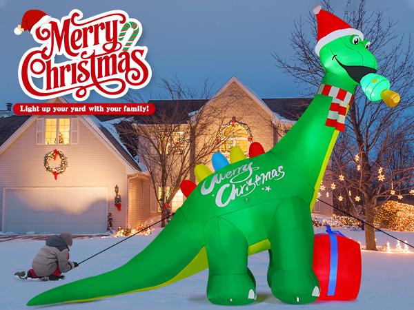 GOOSH 11.8 FT Christmas Inflatables Dinosaur Outdoor Decorations Blow Up Yard Giant Green Dinosaur and Red Gift Box with Built-in LEDs