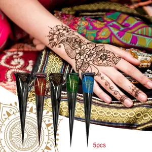 5 Color Henna Tattoo Kit, Henna Cones, Natural Plant-Based Henna Paste, Long-Lasting, Waterproof, Safe for All Skin Types, Perfect for Parties & Events
