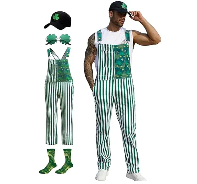 Yuanbang St Patrick's Day Overalls Sets for Men Green Sunglasses,Shamrock Hat,Socks,4 Pcs Festival Outfits Lucky Irish Romper Spring Stretch Denim Coveralls Adjustable Straps Jumpsuit Holiday Menswear Festival Beer Party Dad Gifts Football Outwear