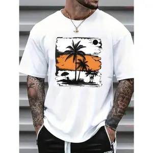 Men's Palm Tree Pattern Printed T-Shirt Casual Short Sleeve 1 Piece - Comfortable Round Neck, Soft Cute Top Streetwear Crewneck Tropical Menswear Shortsleeve hannah montana 20th anniversary merch graphic tee 90s graphic tees