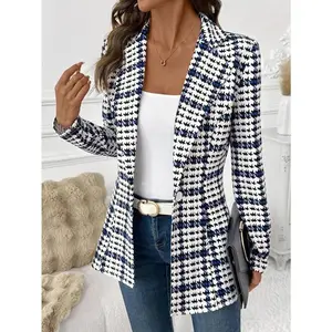 Women's Elegant Plaid Blazer Jacket, Versatile Daily Wear Long Sleeve Blazer, Classic Checkered Jacket For Commuting, Autumn Women Blazers Women Blazers Plaid Blazer Women Houndstooth Blazer Office Blazer Women Plaid Fall Clothes For Women Check Going Out