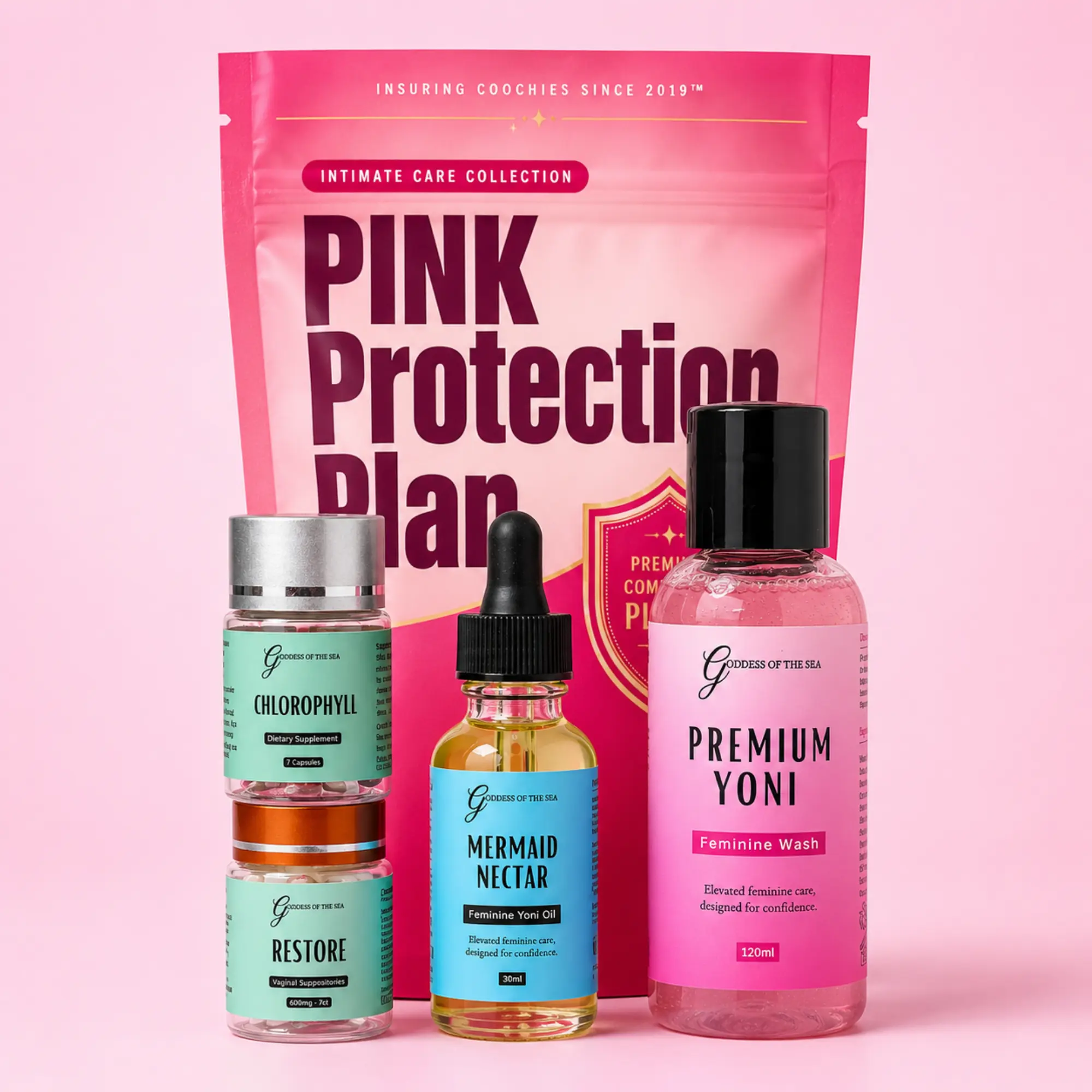 Women's Feminine Hygiene Discovery Set - 4oz Intimate Wash, 1fl oz Mermaid Yoni Oil, 7 Boric Acid, 7ct Chlorophyll, Pink Protection Plan
