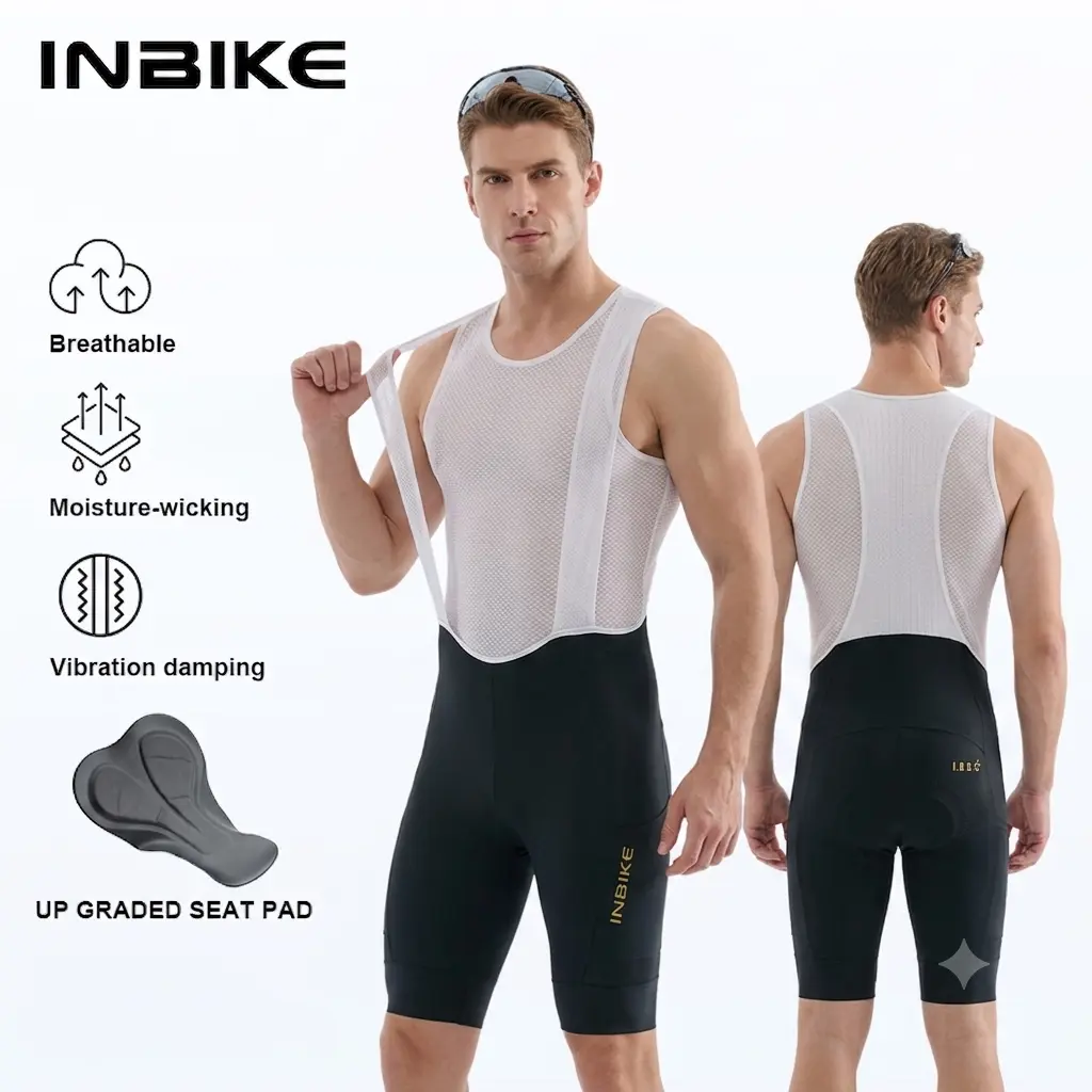 INBIKE Men's Slim Fit Cycling Bib Shorts - High Density 120kg/m3 Pad, Nylon Blend, Breathable, Professional Road Bicycle Gear with Side Pockets, Silicone Grip