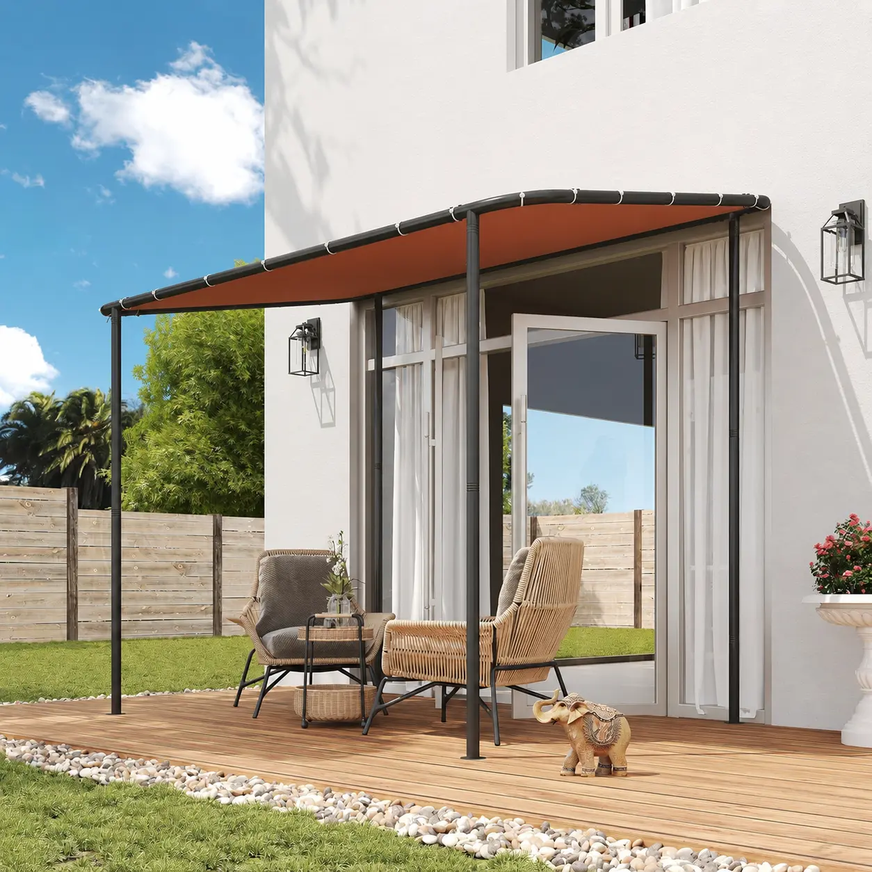 Aoxun 10x12 Lean to Gazebo Outdoor Pergola with LEDLights, Wall-Mounted Canopy Sloped Roof Awning forPatio Backyard, Deck, or Garden Khaki
