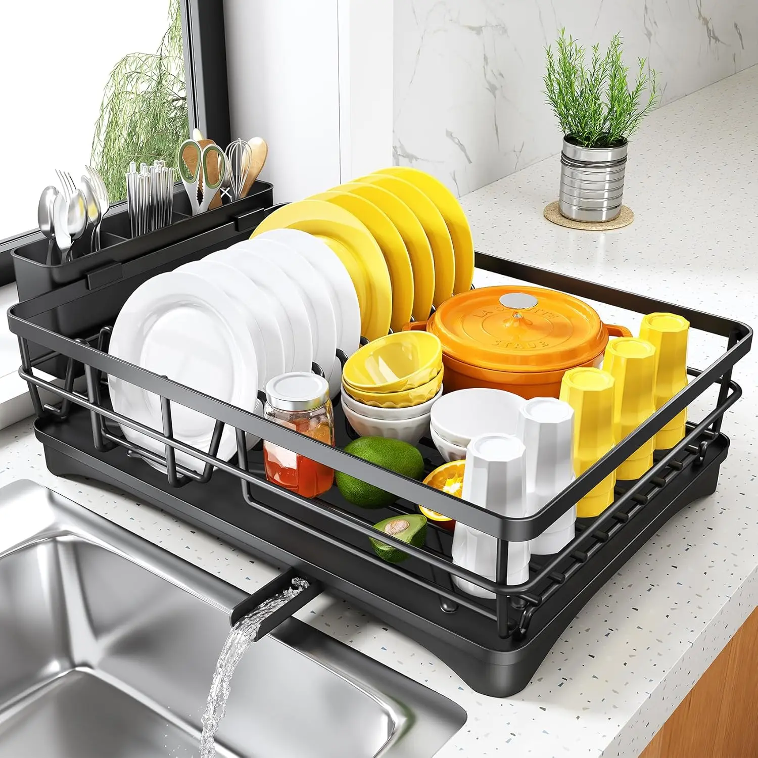 Small Dish Drying Rack for Kitchen Counter - Large Dish Rack with Drainboard, Rustproof Dish Drainer with Utensil Holder for Sink