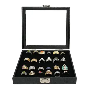 Barelove Jewelry Rings Storage Organizer Case 30/100 Slot Black Wooden Velvet Glass Display Box with Earrings Stand Holder for Women Girls