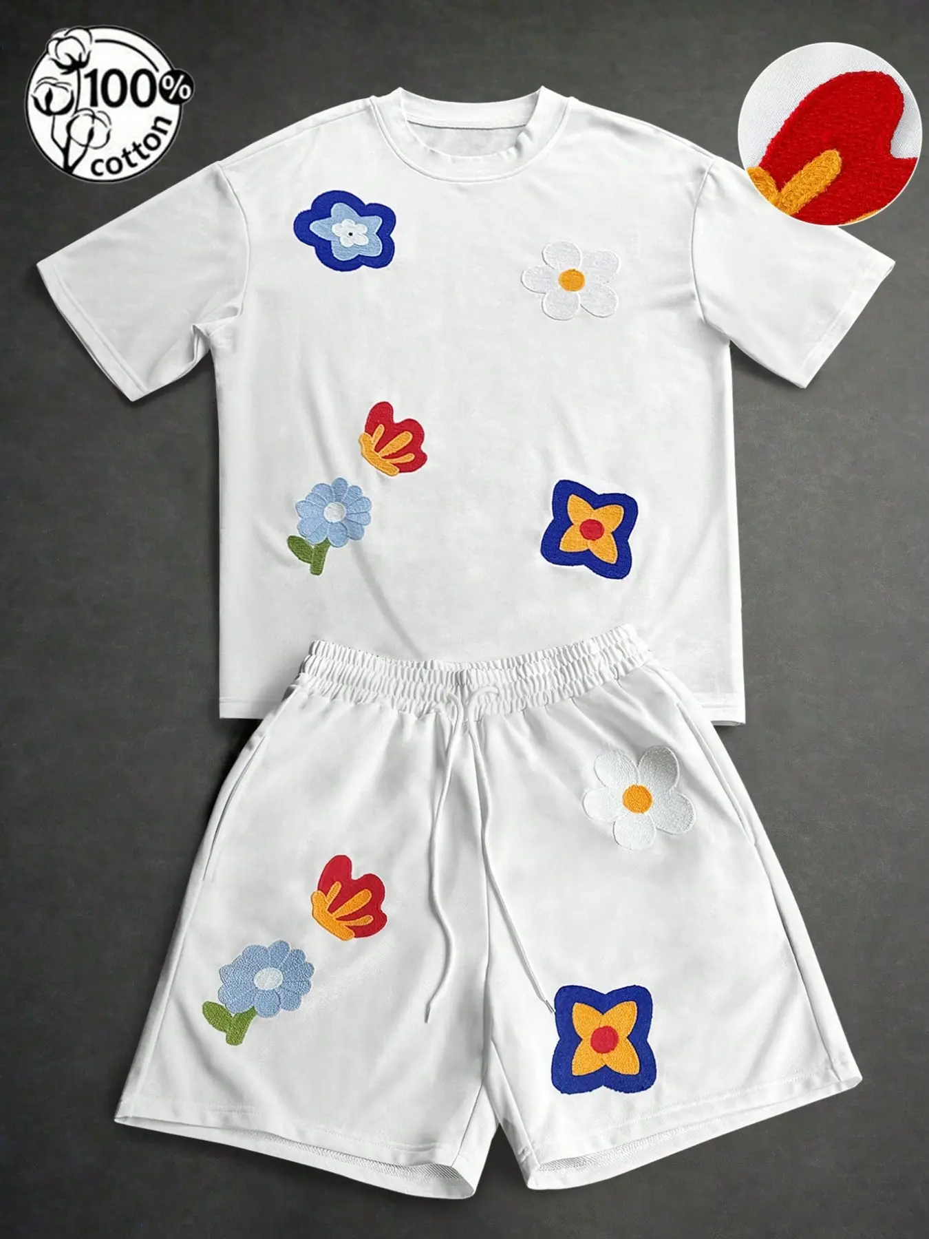 Unisex White Colorful Flower Embroidery Tracksuit, Oversized Fit, Fresh Summer Cute Style, Spring/Summer Casual Versatile Two-Piece Set, 100% Cotton, Fun Flower Embroidery Design, Trending Ins Streetwear