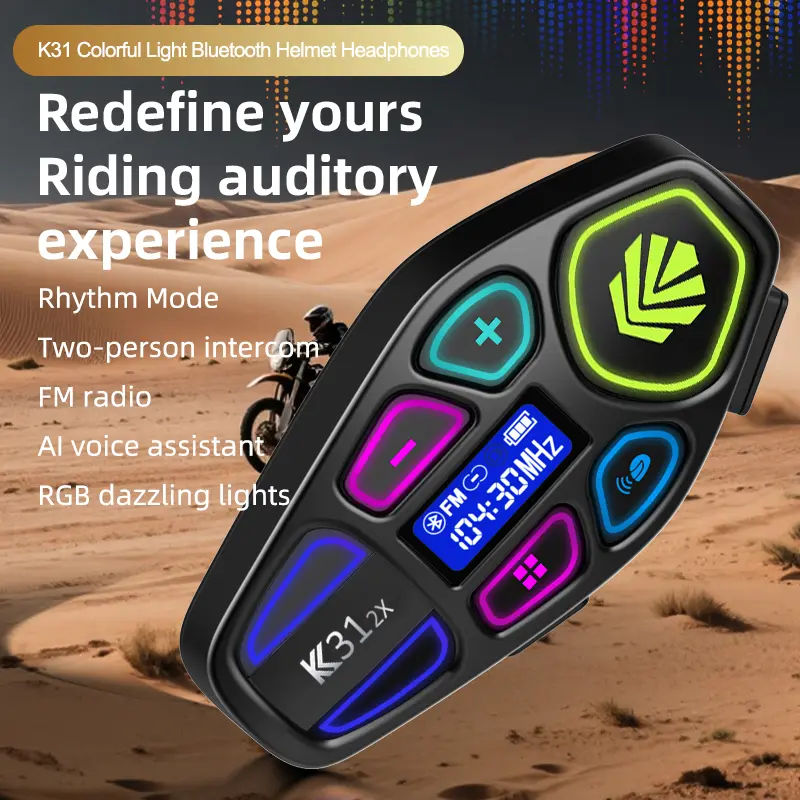 Motorcycle Bluetooth 6.0 Helmet Headset - 1000m Long-Range 2-Rider Intercom + LEDs System, IP65 Waterproof, FM Radio, Voice Control, Music Sharing, Call Function for Motorcyclists