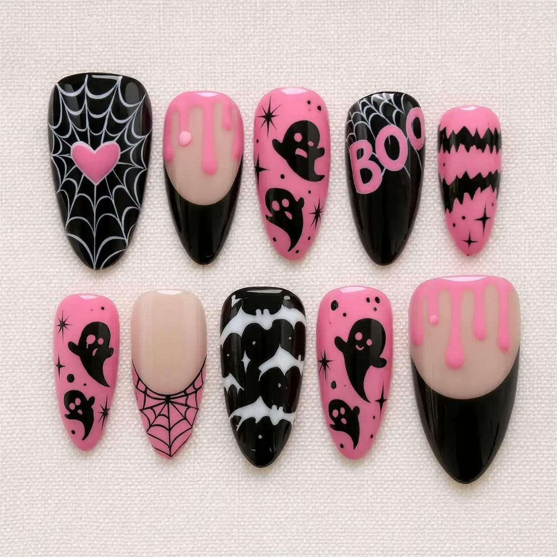 Pink Black Halloween Press On Nails Cute Ghost Spider Web Almond Fake Nails with Heart and Drip Design Reusable Nail Set