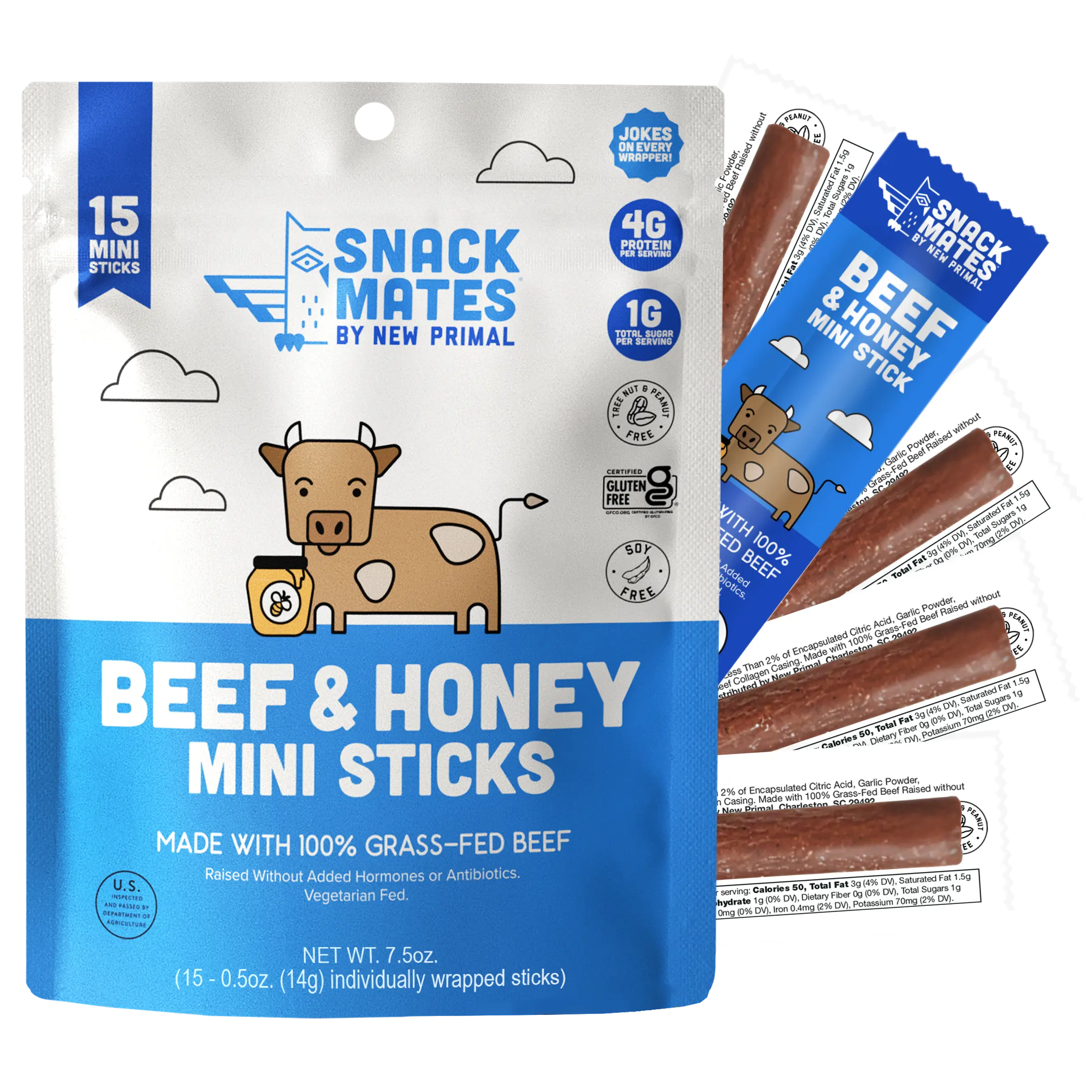Snack Mates Beef & Honey Mini Meat Sticks - High Protein Kids Snack, Grass-Fed Beef, Gluten Free, Individually Wrapped, 15 Mini Sticks Value Pack